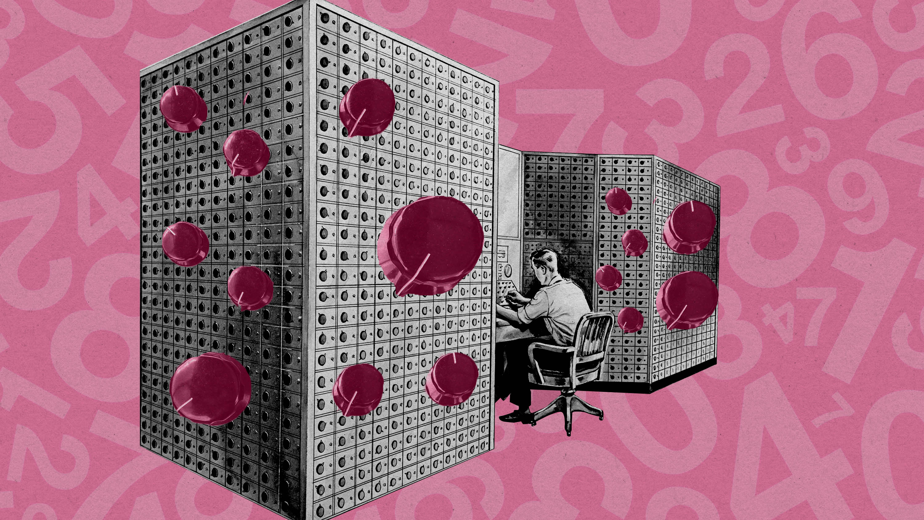 A photo illustration shows a man at a desk surrounded by knobs and numbers.