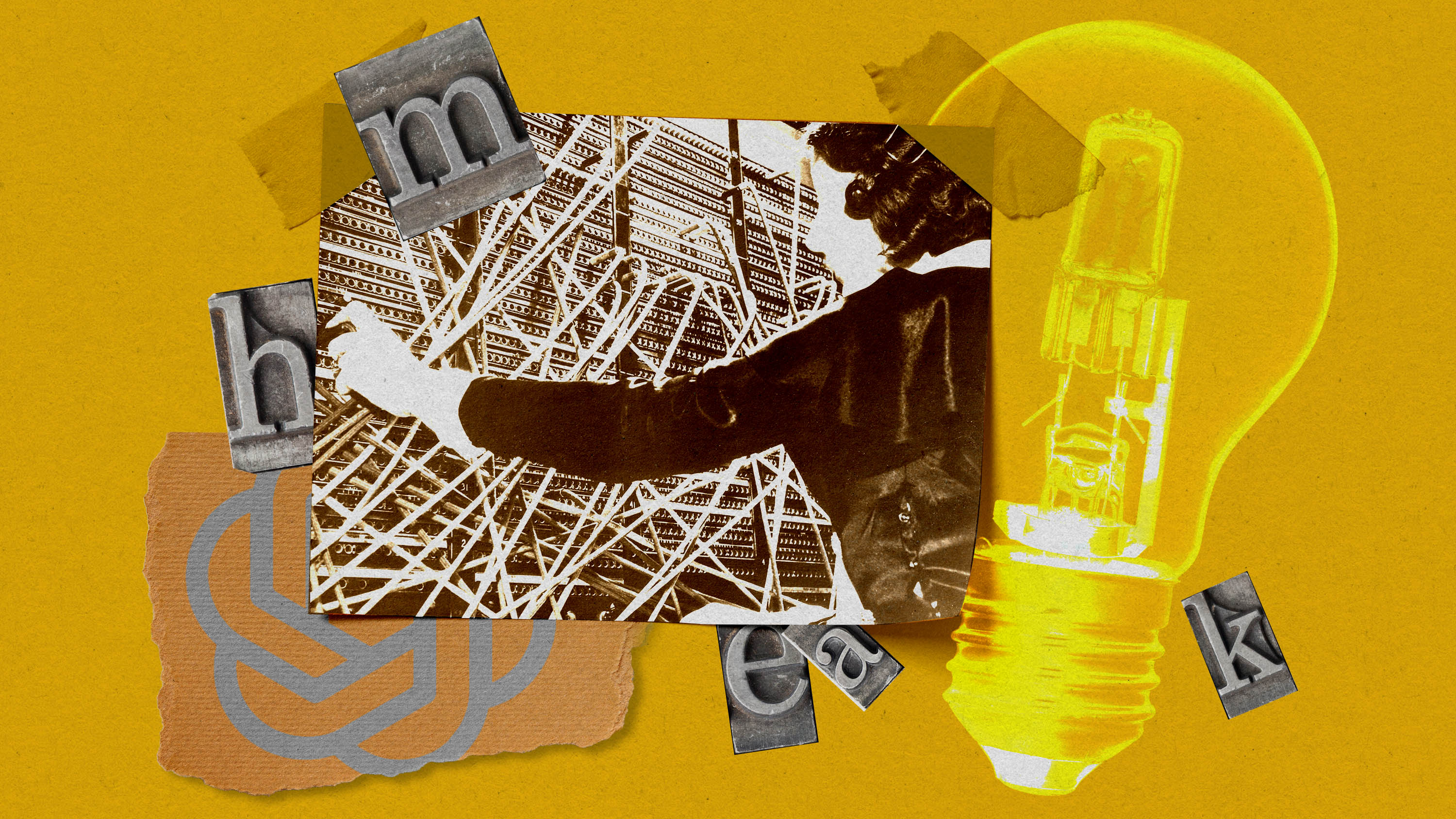 A photo illustration shows an abstract collage of a Large Language Model, including a female figure at a switchboard, letterpress stamps, the OpenAI logo and a lightbulb.