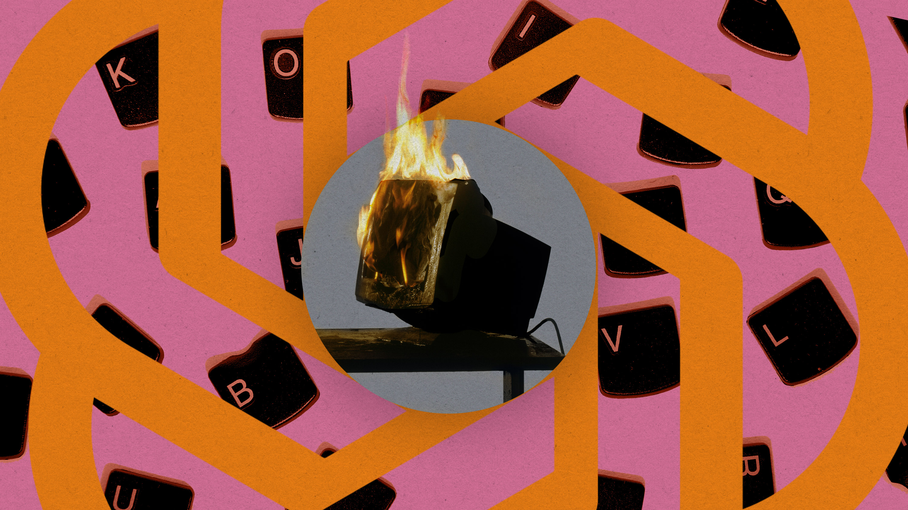 A photo illustration shows a computer on fire, atop the ChatGPT logo and isolated computer keys.