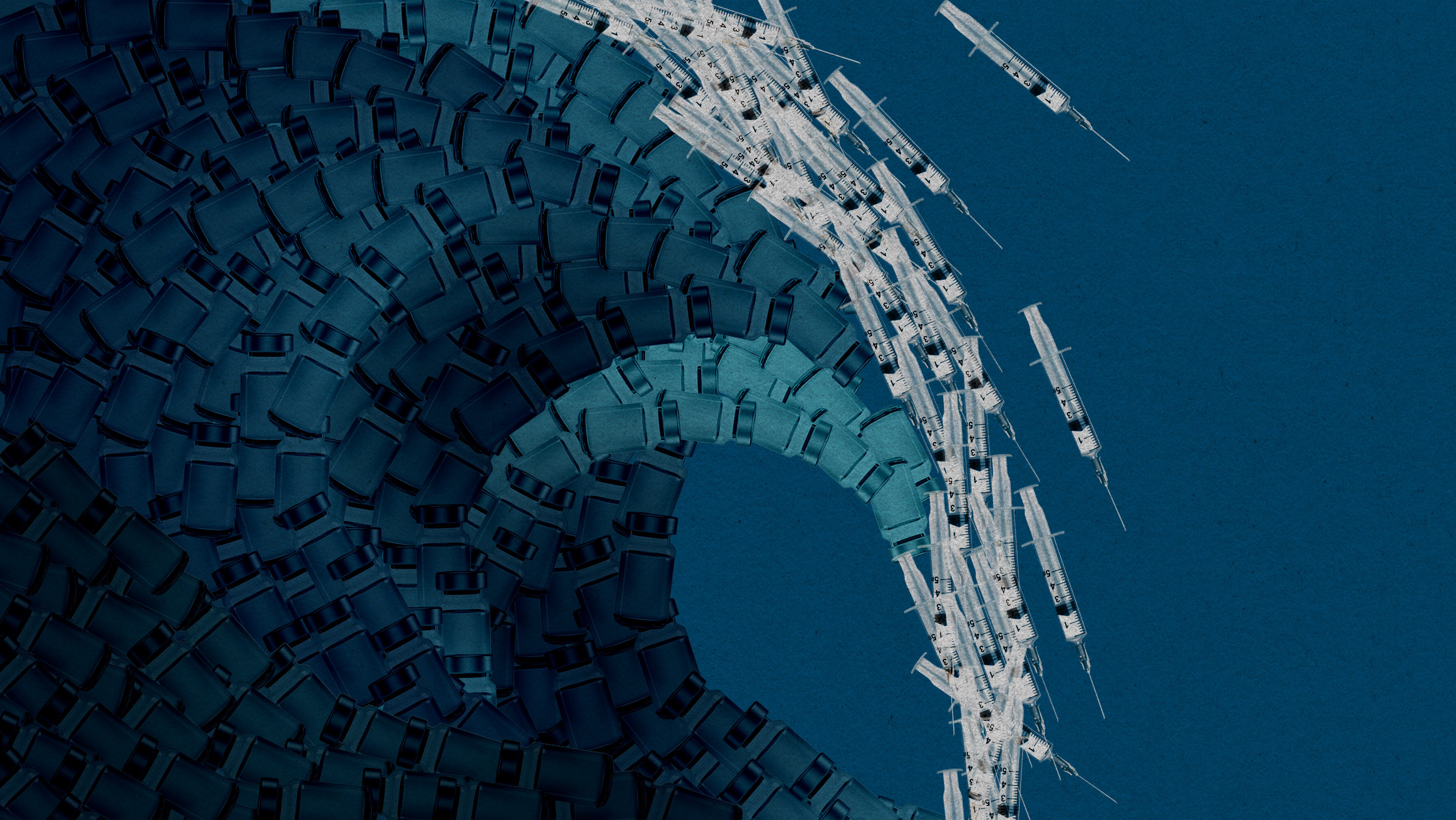A photo illustration showing a tidal wave made of vials and syringes is shown on a blue background.