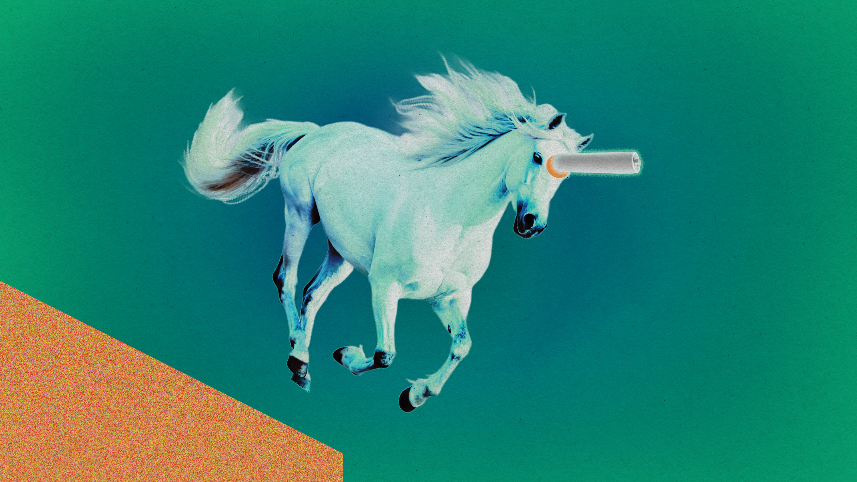 a unicorn with a AAA battery as a horn in midair as it runs out of land