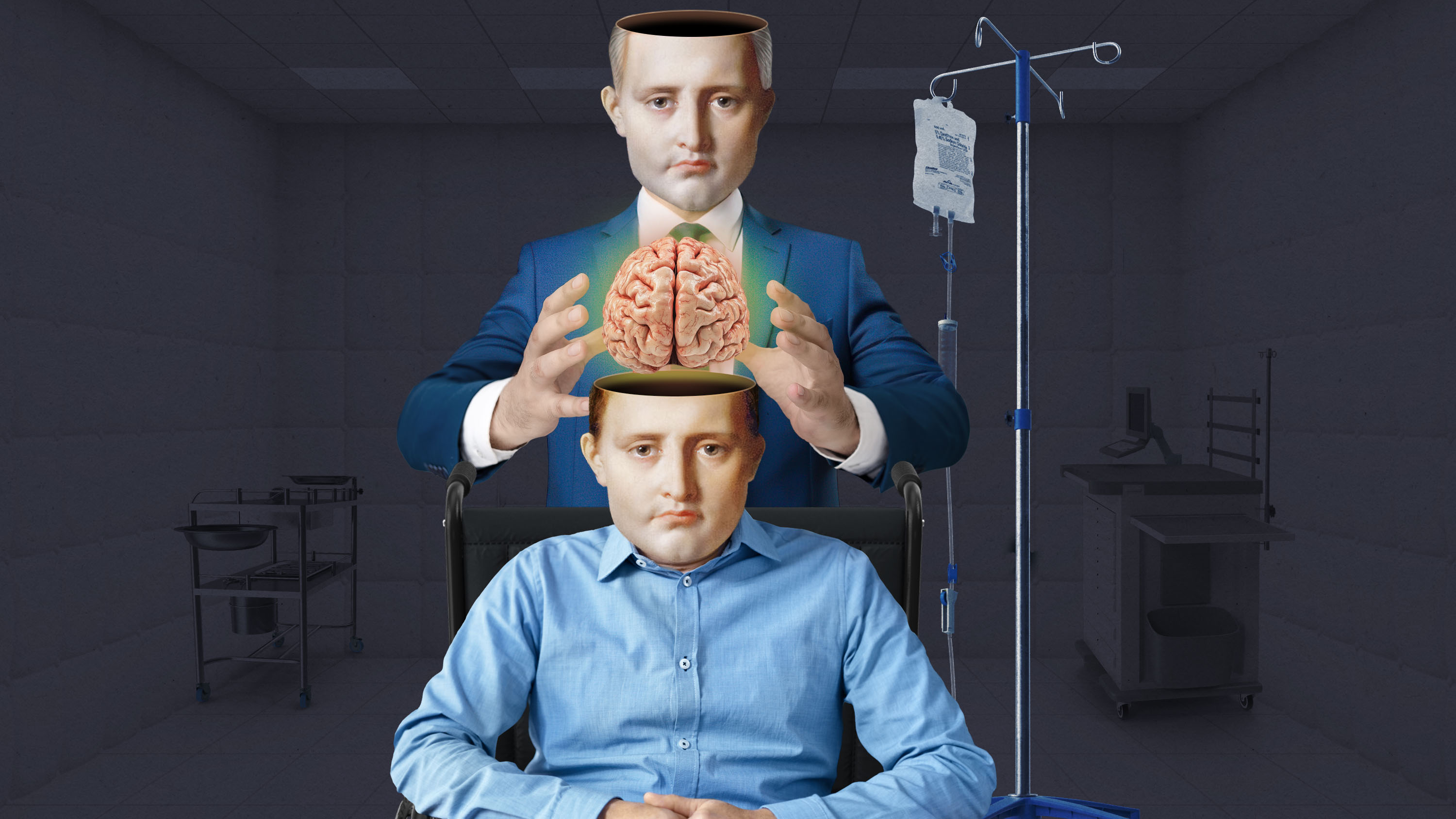 An older man with the top of his head removed placing a glowing brain into a younger version of himself sitting in a wheelchair in a mock coronation.