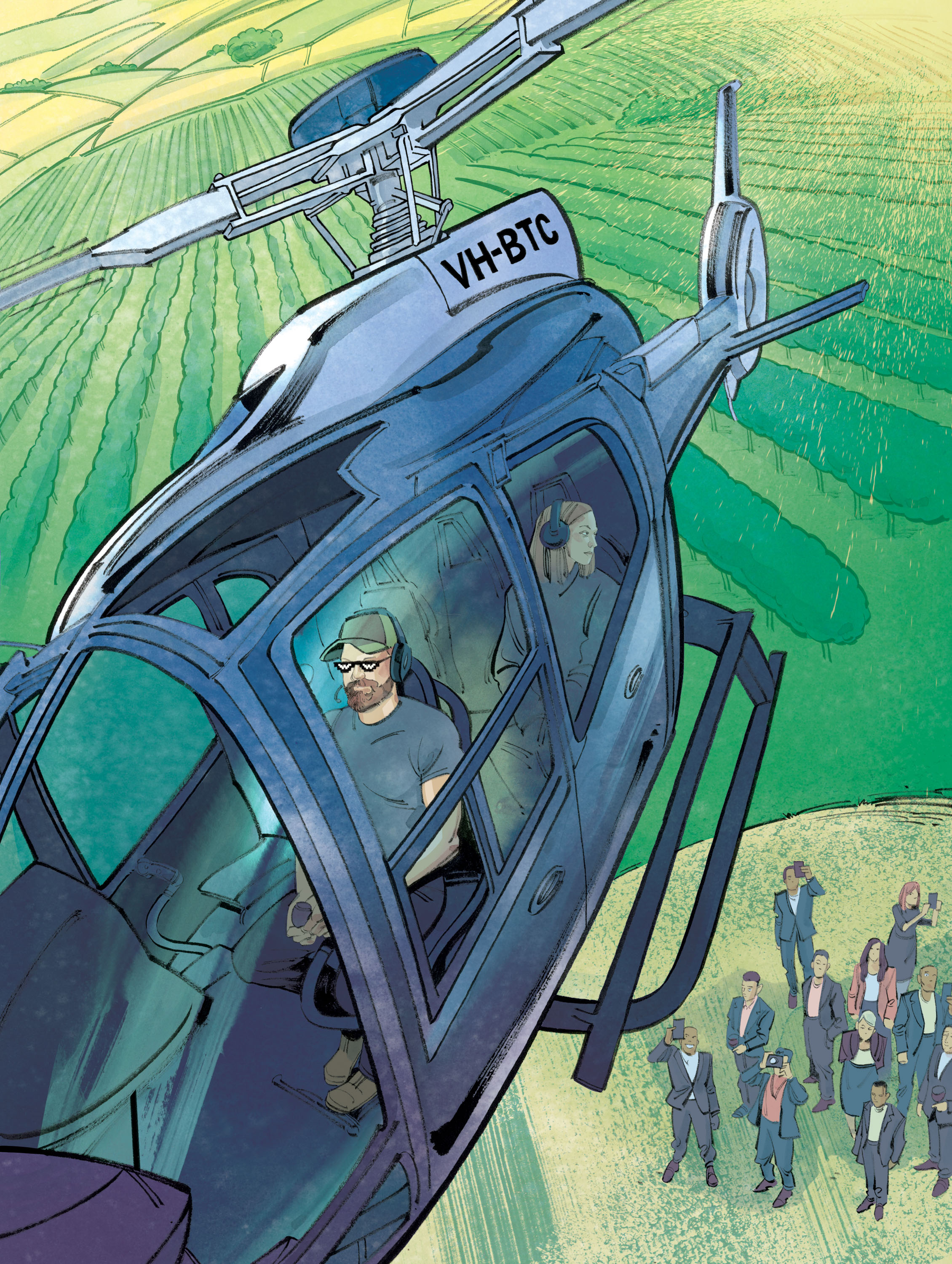 a helicopter with two passengers flies away from a crowd of professionally dressed people looking after it