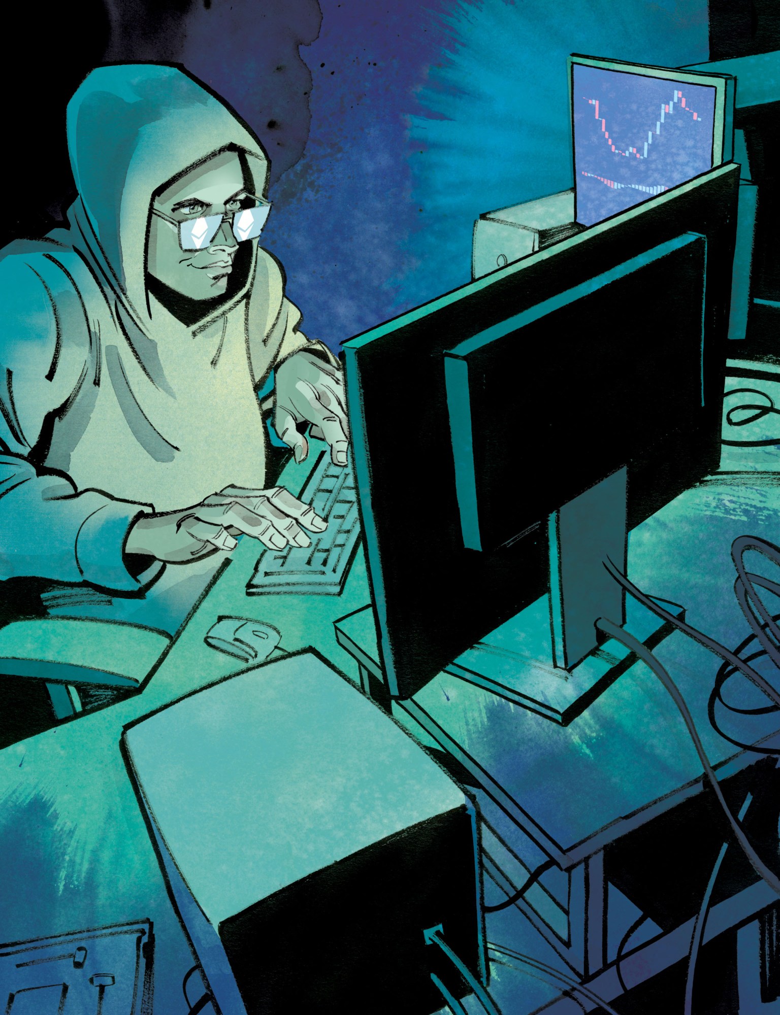 a character in a hooded sweatshirt at a computer station