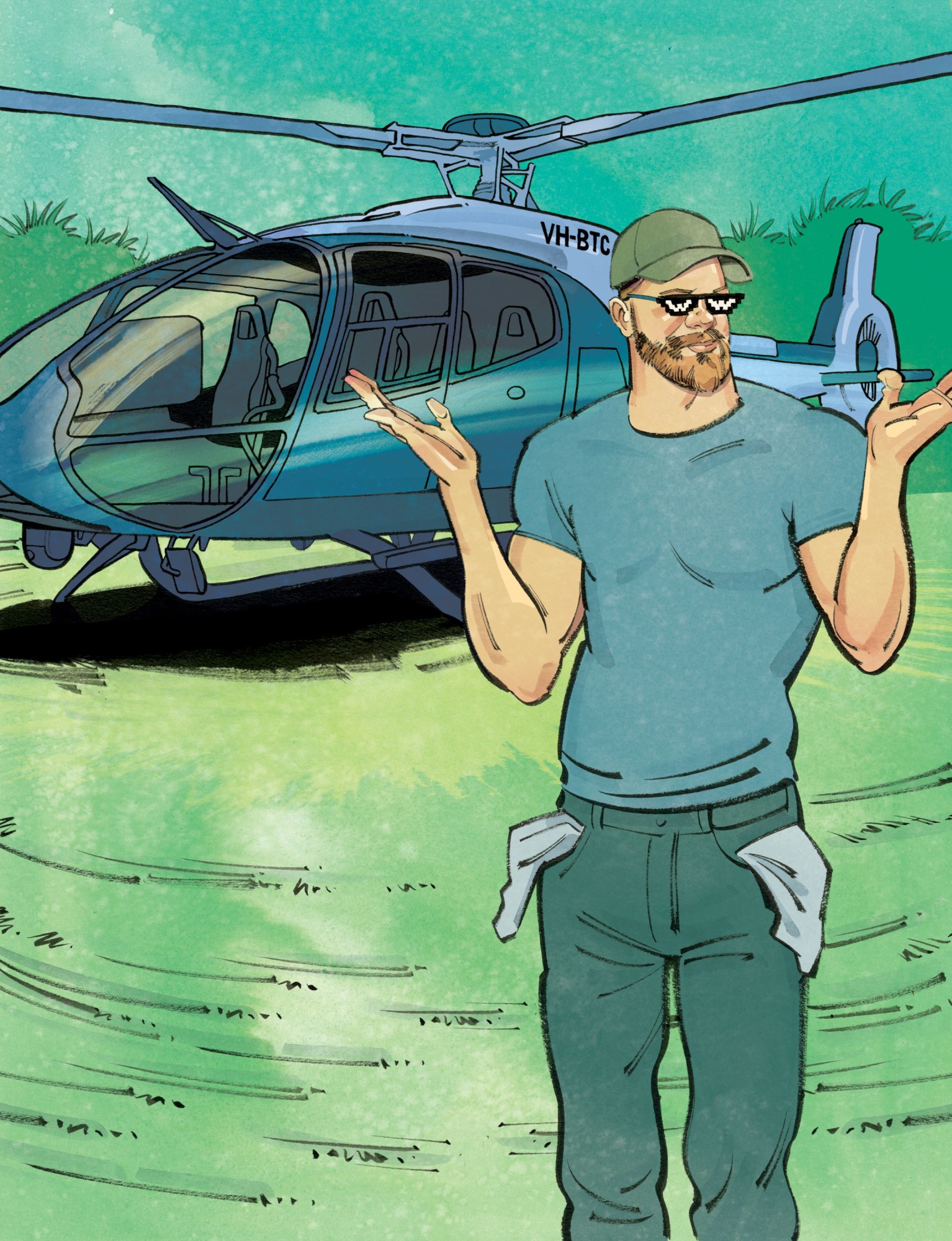 a character with his pockets turned out shrugs next to his helicopter while wearing meme sunglasses
