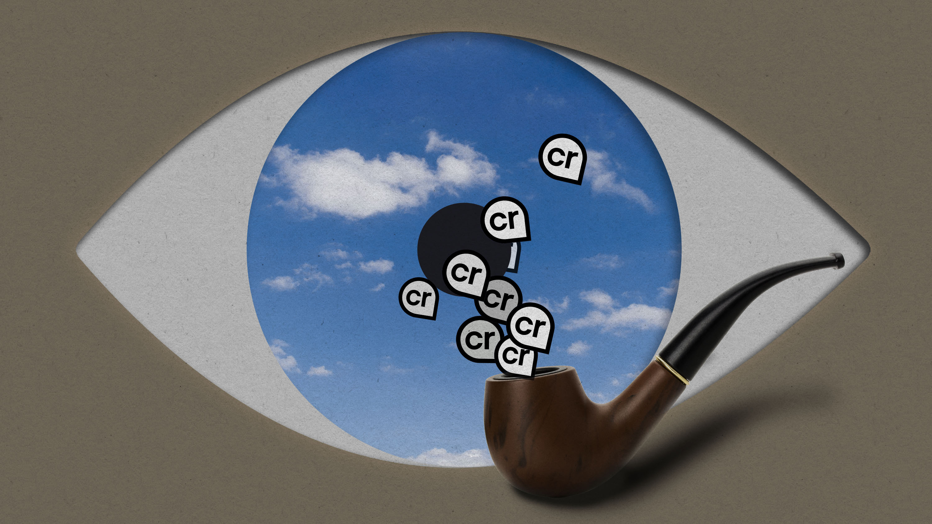 pipe emitting Content Credentials icons as puffs of smoke in front of a circle containing a blue cloudy sky within a simple eye shape, reminiscent of Magritte's False Mirror