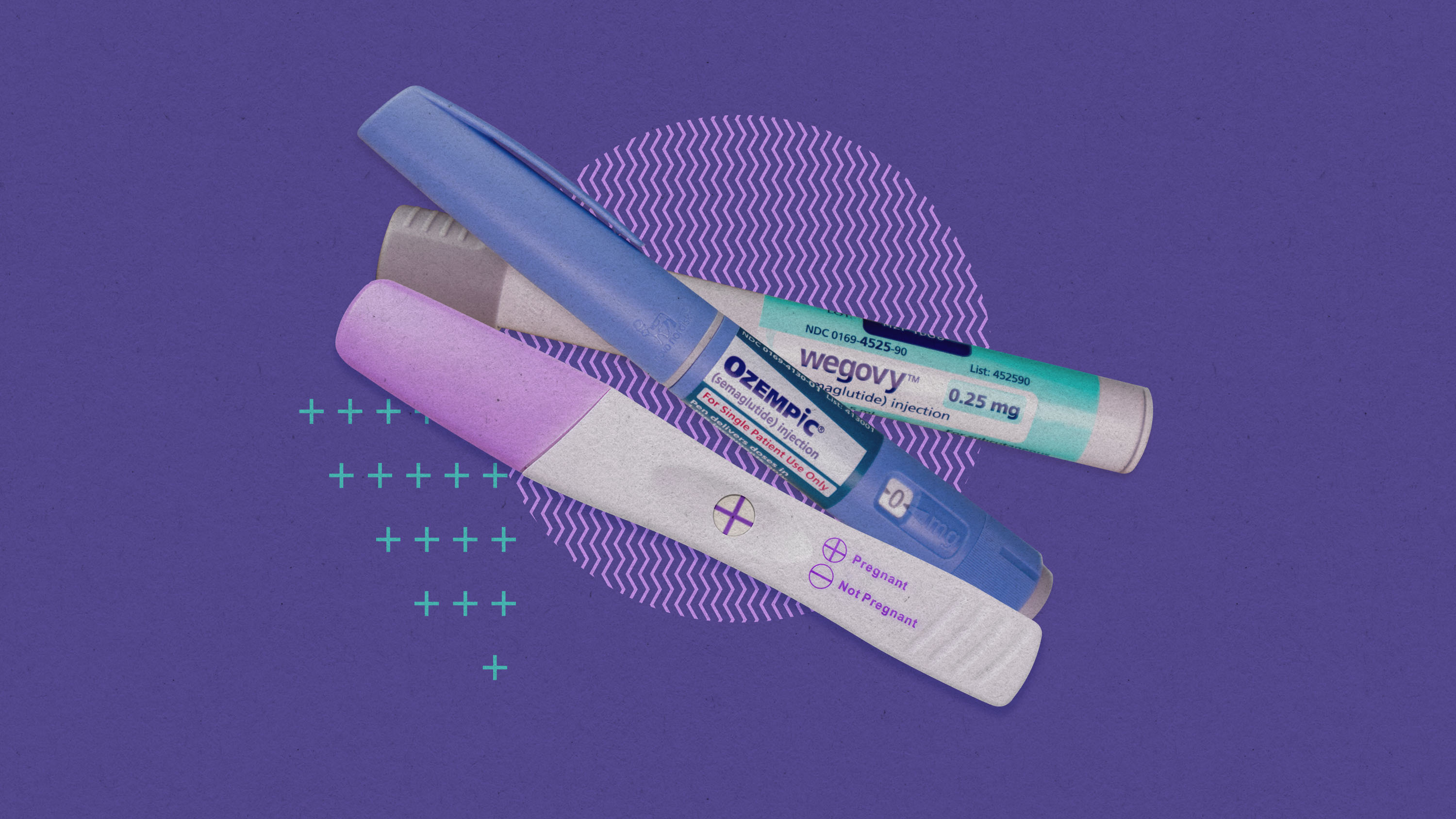 pen injectors for Wegovy and Ozempic with a positive pregnancy stick