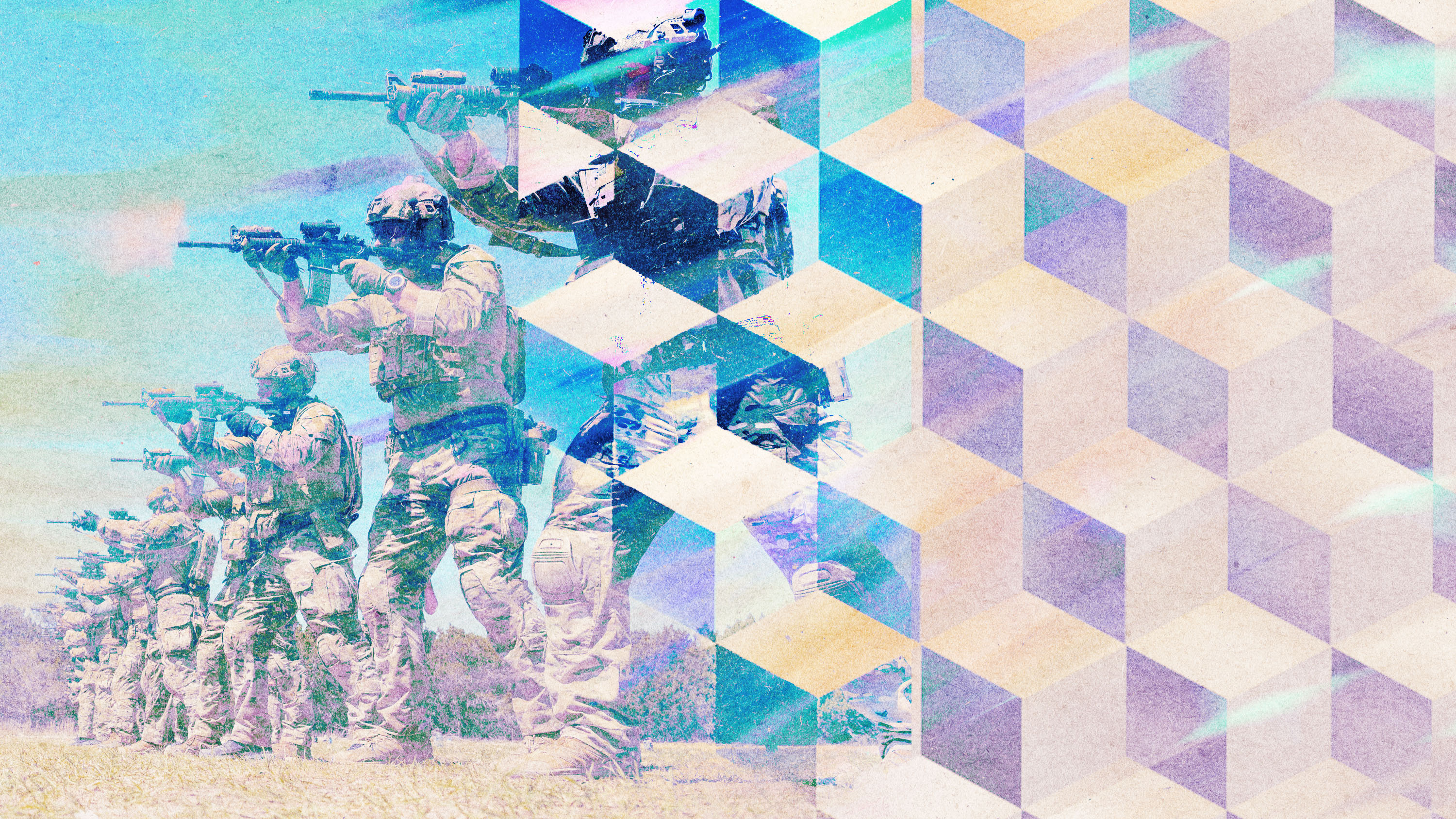 a line of soldiers aiming their weapons fading into a pattern of cubes
