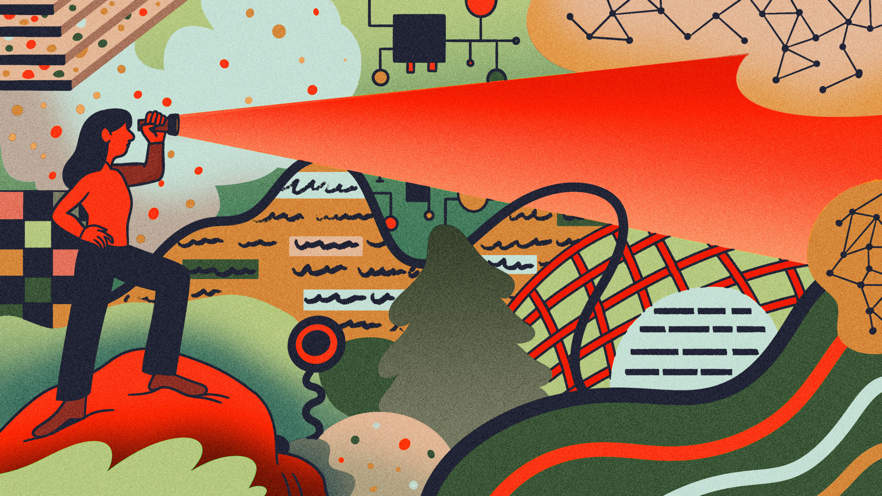 illustration of a person shining a flashlight across a busy landscape patterrned with references to science