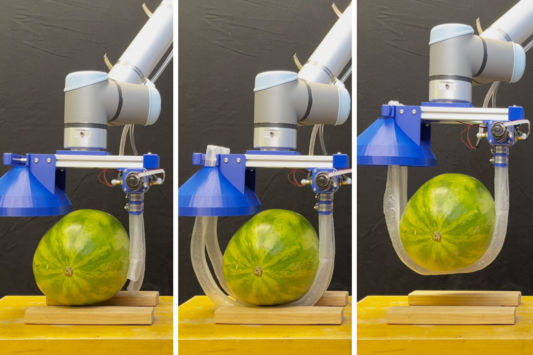 three images showing phases of a robot arm picking up a watermelon