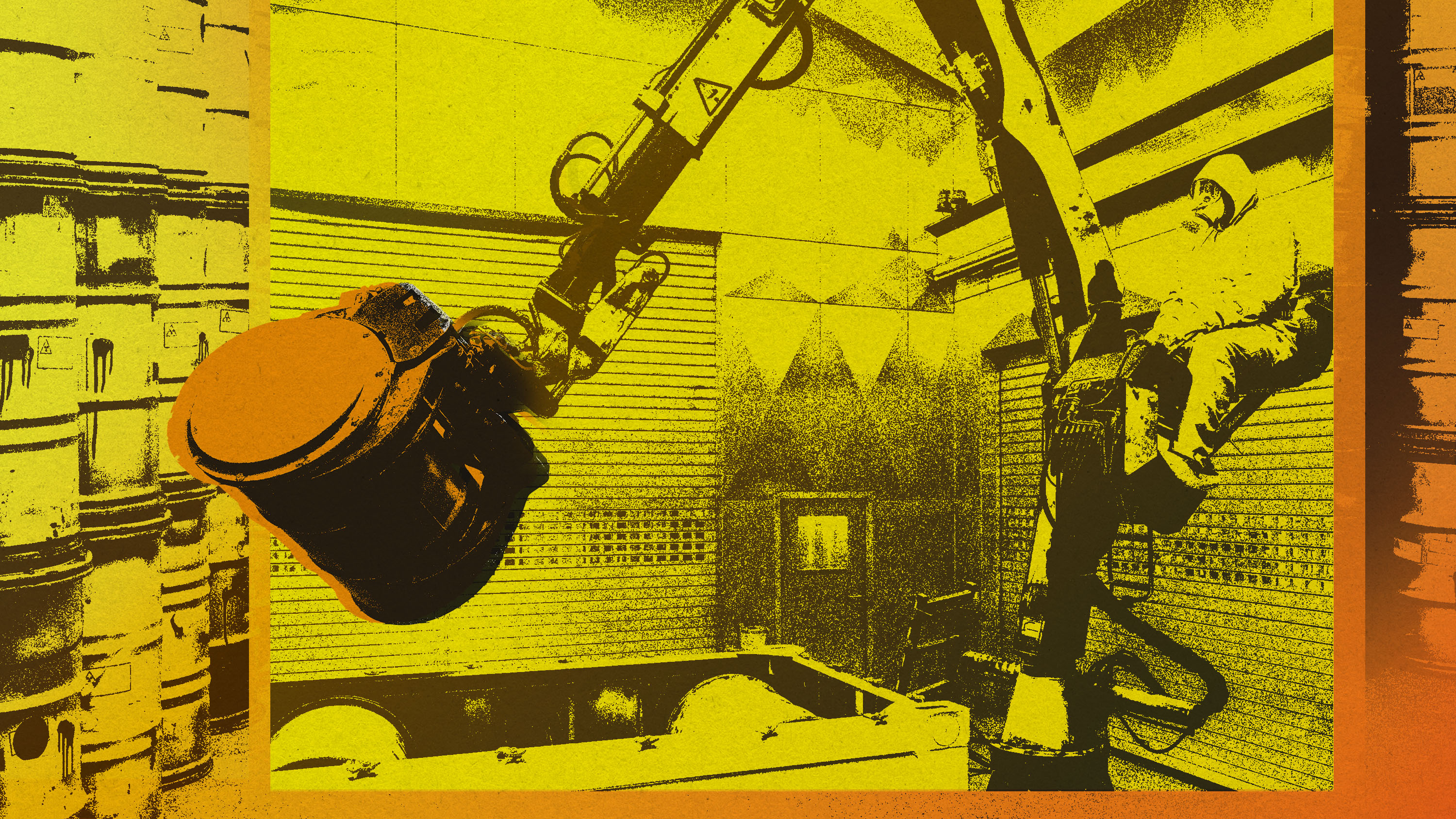 collage of worker in hazmat suit using a crane to lift a barrel of nuclear waste with other barrels