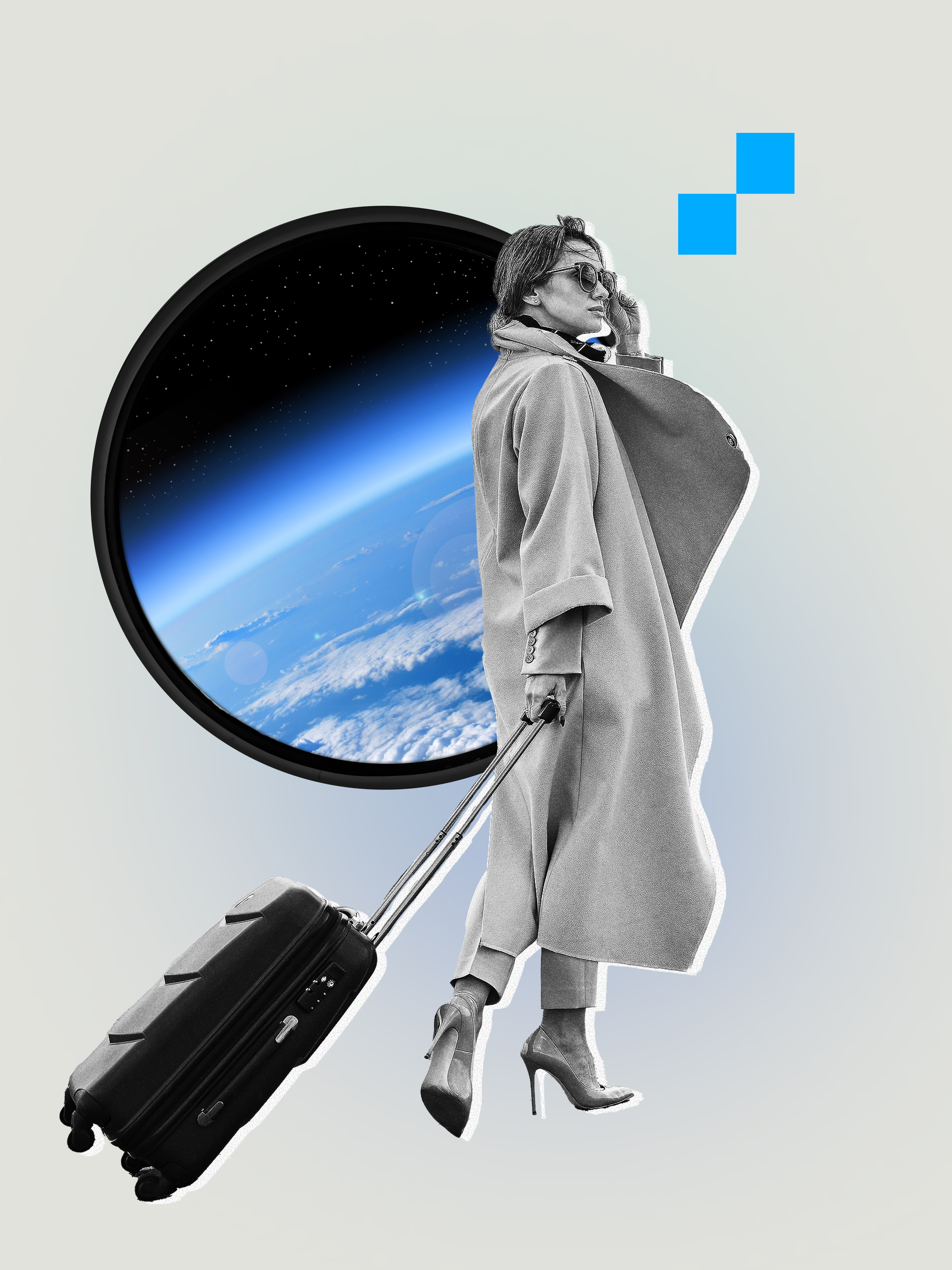 Montage collage of a woman with her luggage walking near a window that looks out to an outer space view of Earth