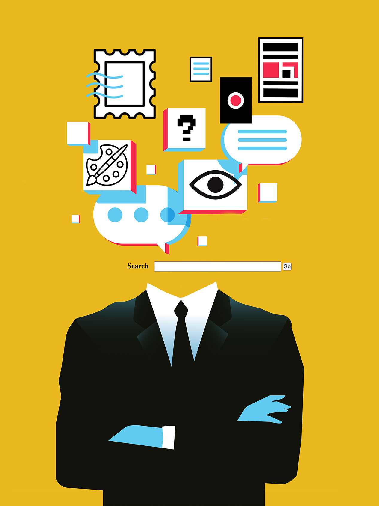 Man in suit with text bubbles and graphic elements.