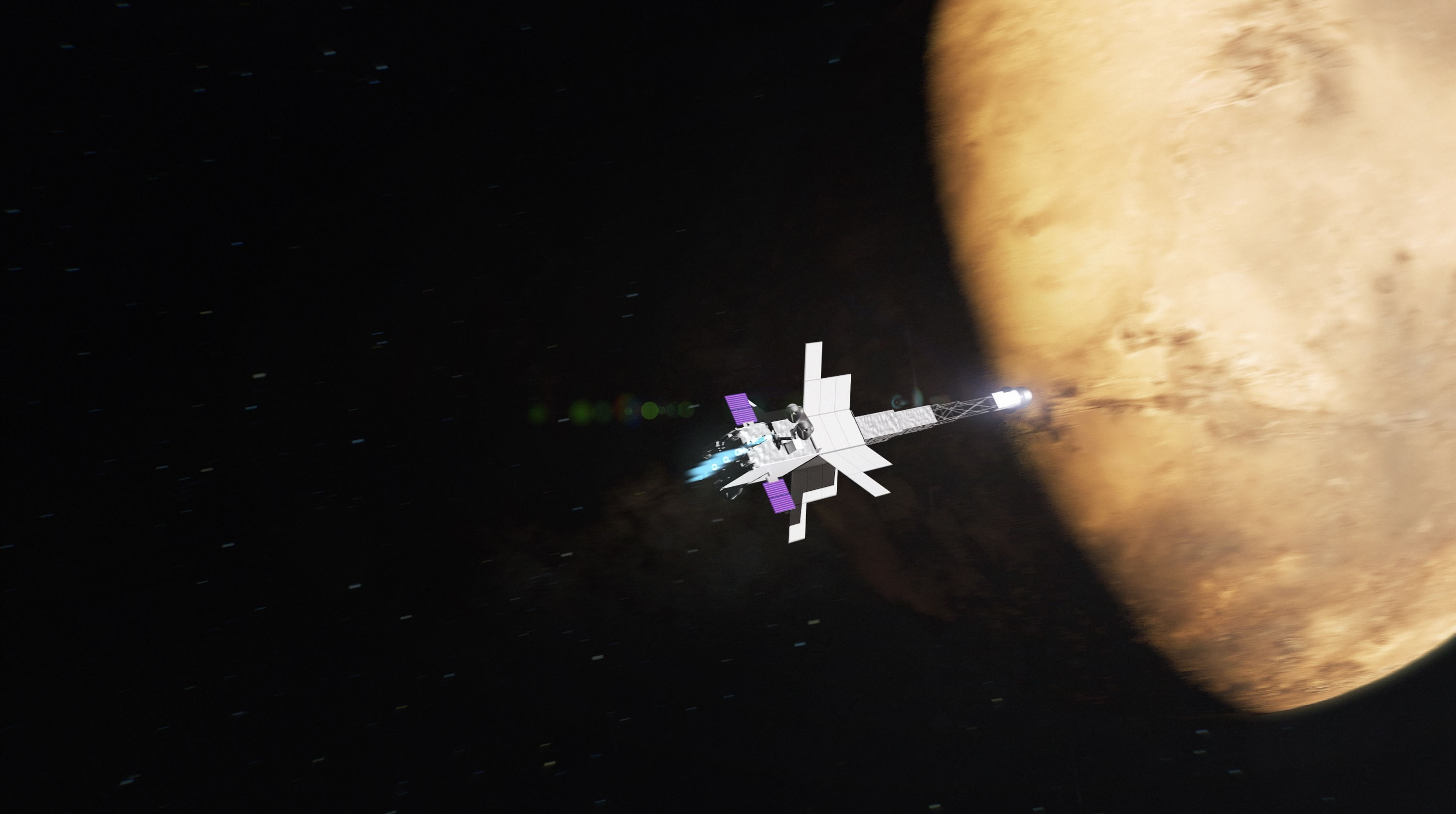 artist's rendering of Space Reactor-1 Freedom doing a fly-by of Mars