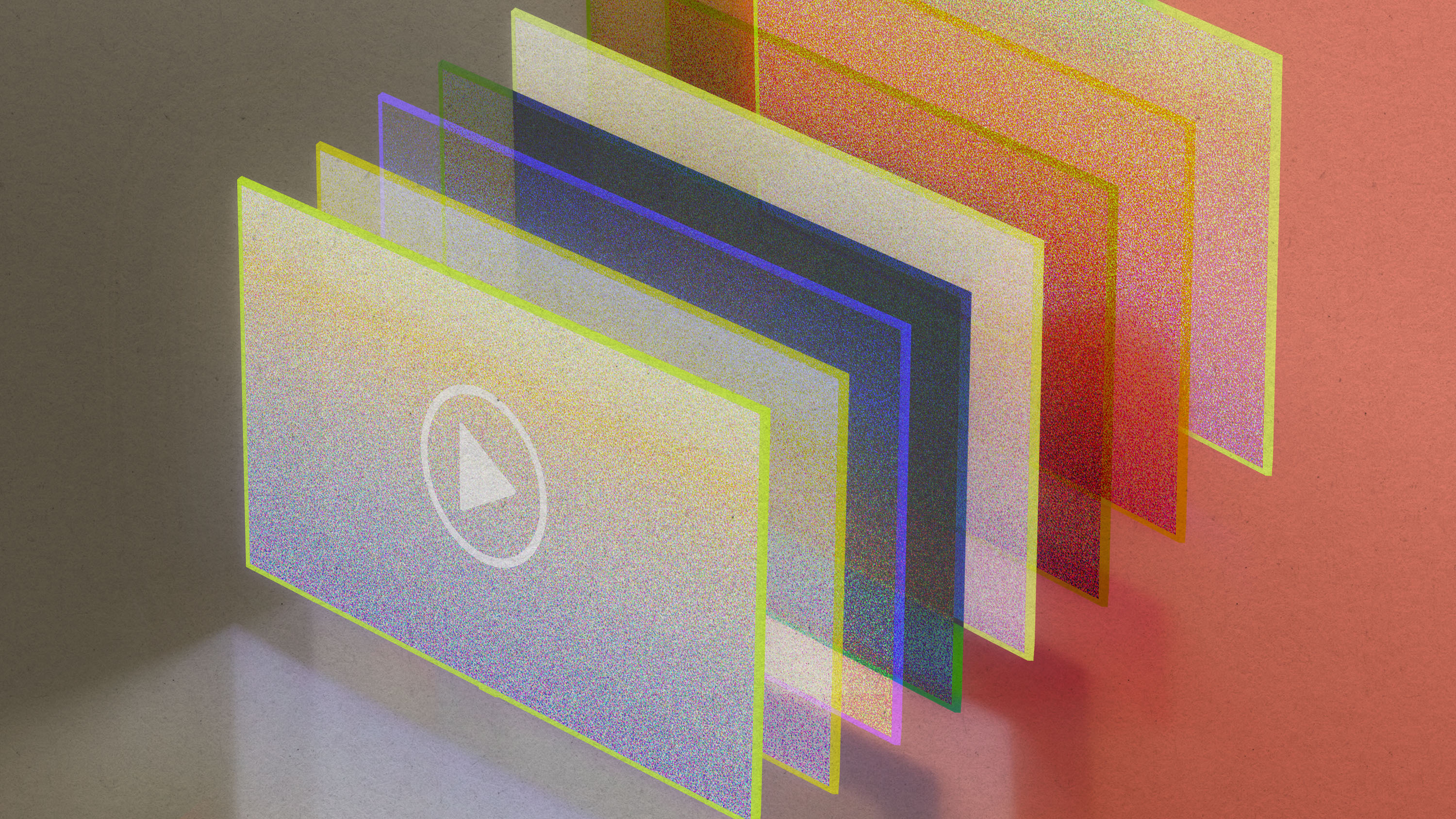 panes of a noise pattern arrayed into the distance with a video play button on the first instance