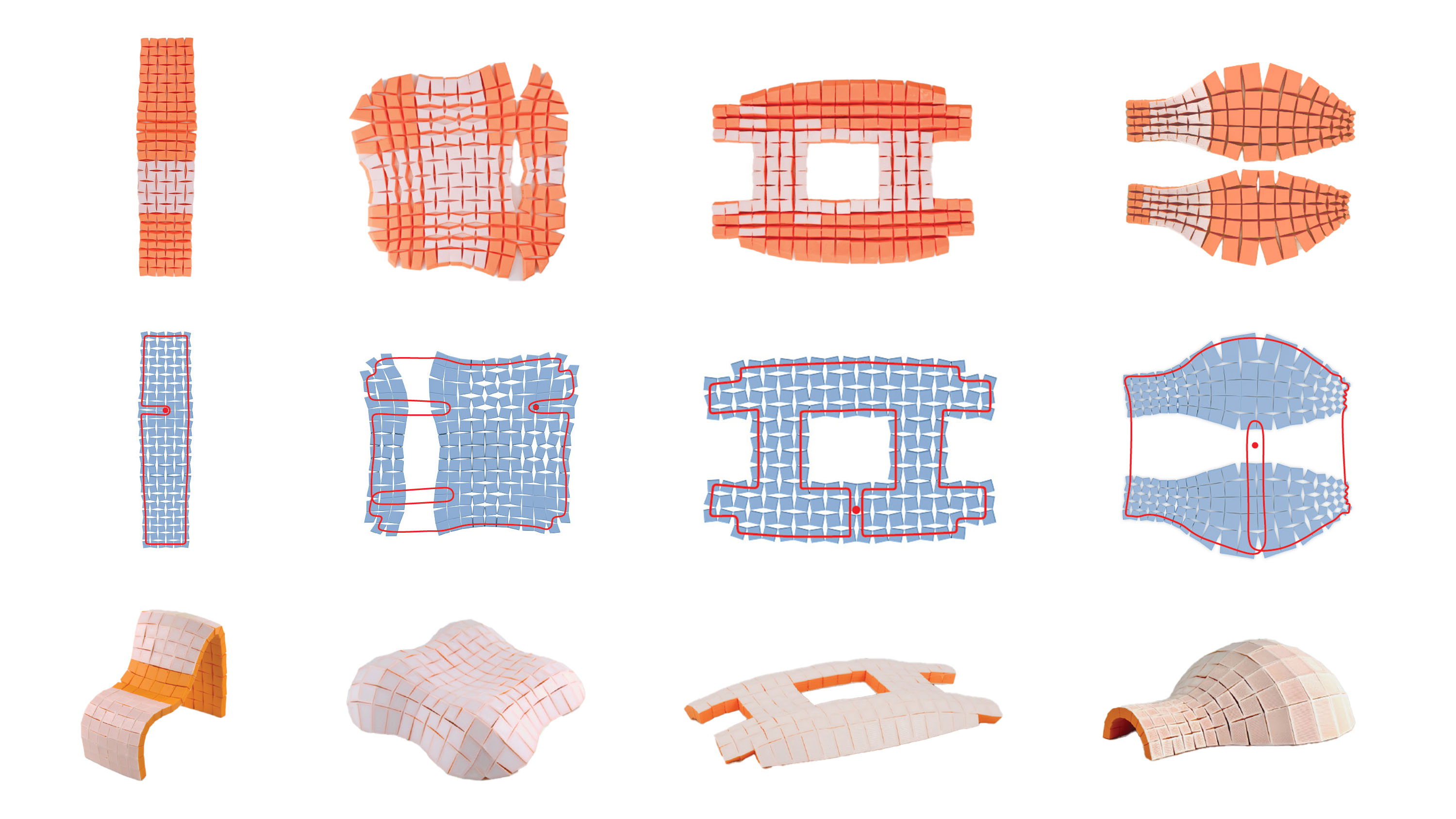 a row of flat material, a row of diagrams of the flat material showing it's string and a final row showing the material in its 3D form