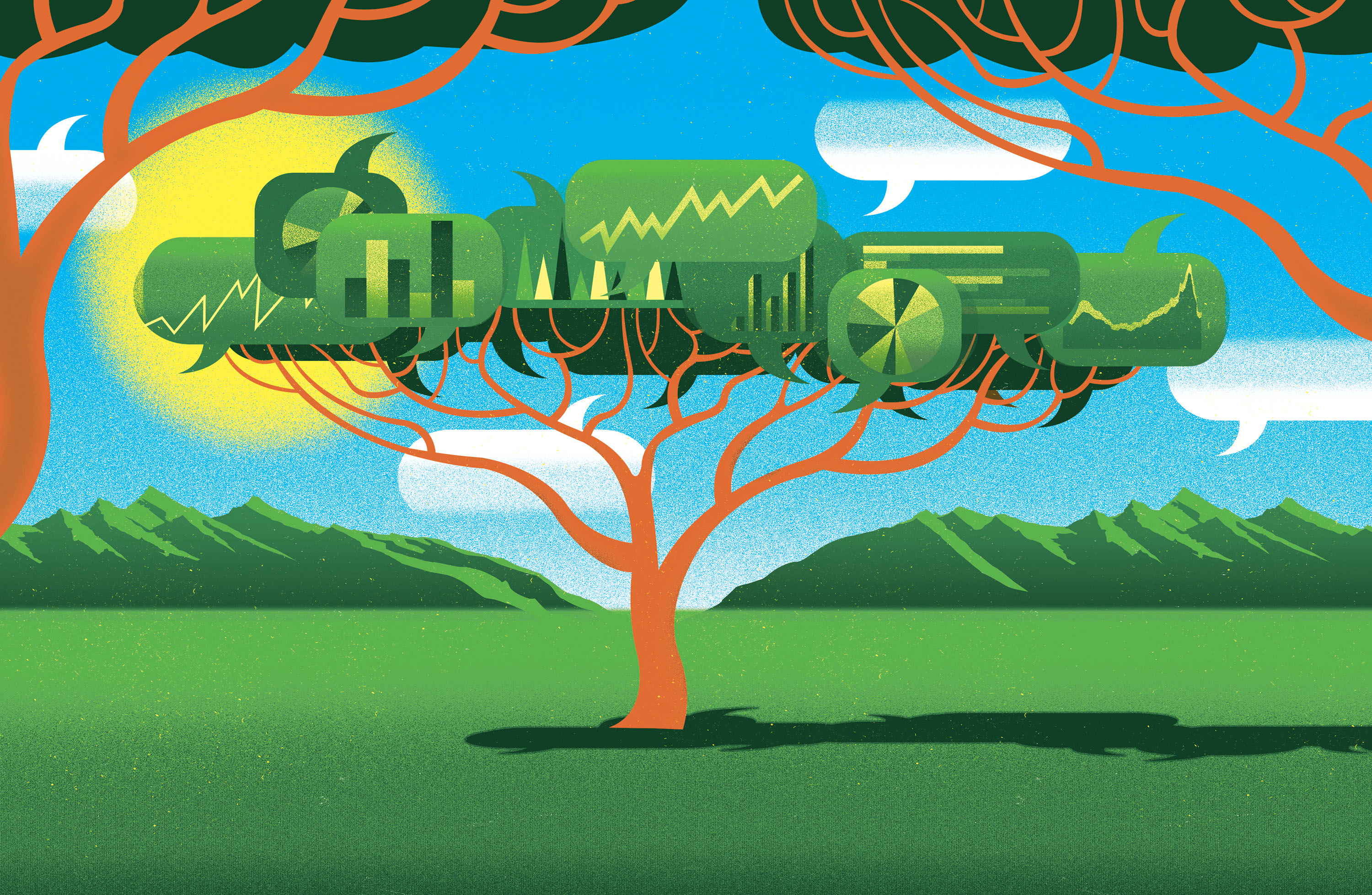 a tree with pie and line charts in its foliage