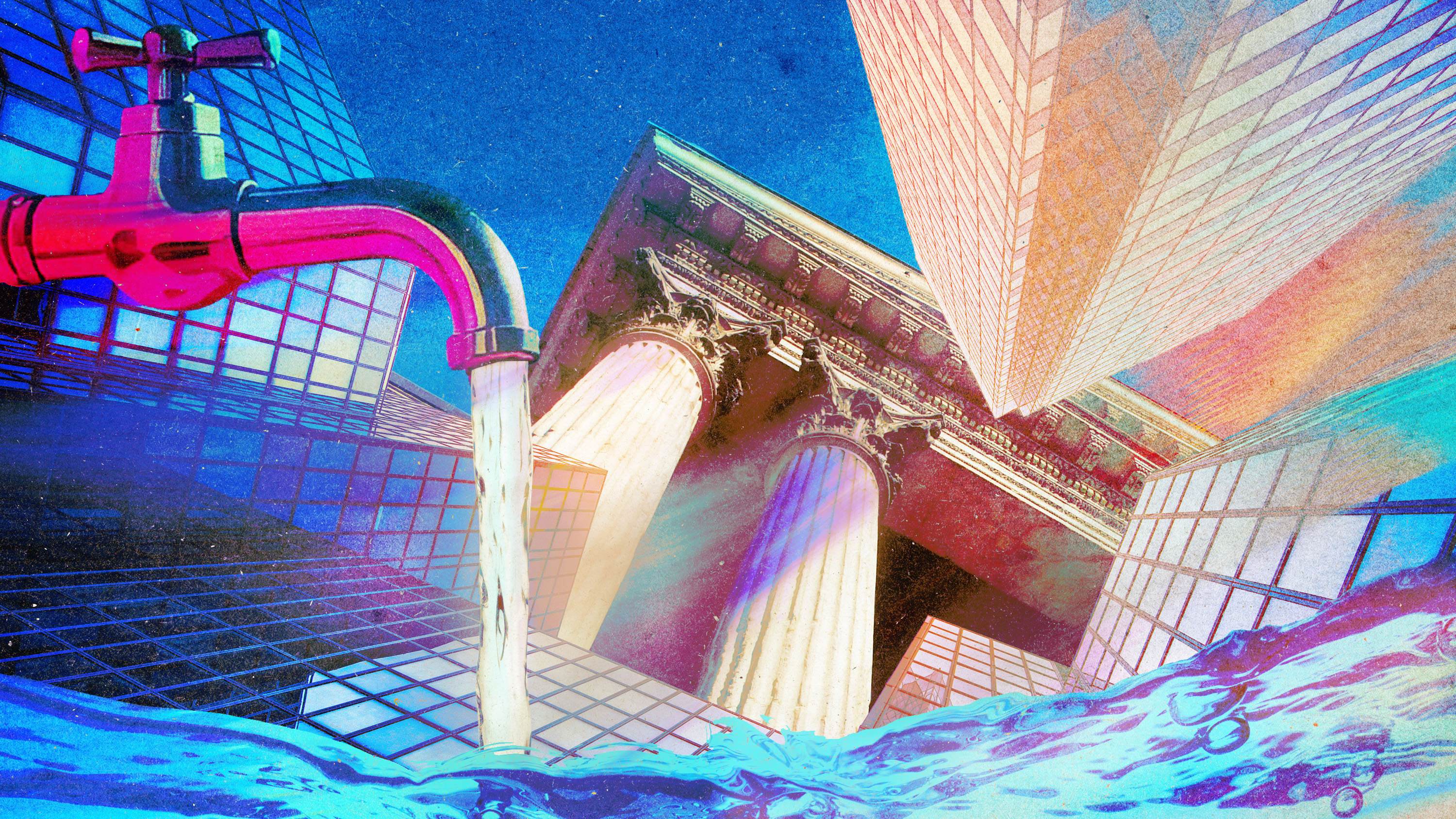 a spigot flowing with water floods a scene of banks at odd angles