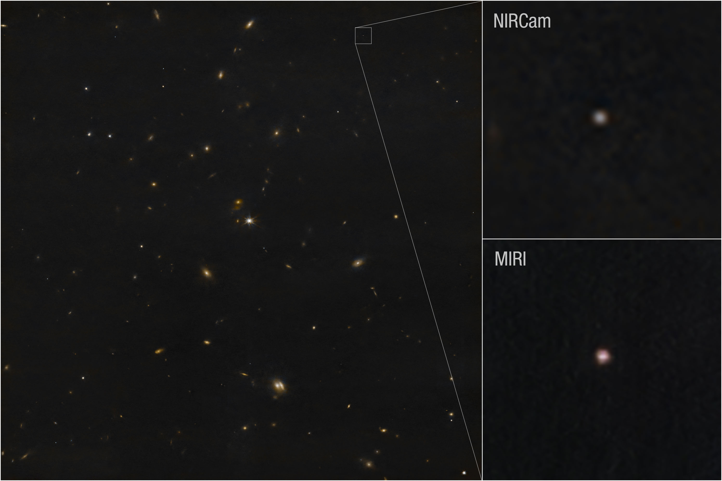 A collage of three images showing the black expanse of space. Two-thirds of the collage is taken up by the black background sprinkled with small, blurry galaxies in orange, blue, and white. There are two images in a column at the right side of the collage. On the right side of the main image, not far from the top, a very faint dot is outlined with a white square. At the right, there are two zoomed in views of this area. The top box is labeled NIRCam and shows a fuzzy dot at the center of the inset. The bottom box is labeled MIRI and shows a fuzzy pinkish dot.
