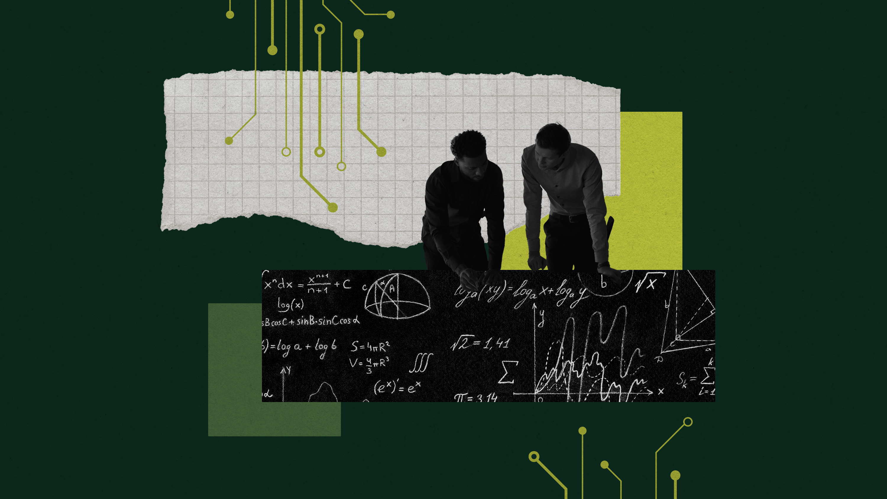 Illustrated collage of a torn piece of grid paper, circuit patterns, researchers, and mathematical formulas.